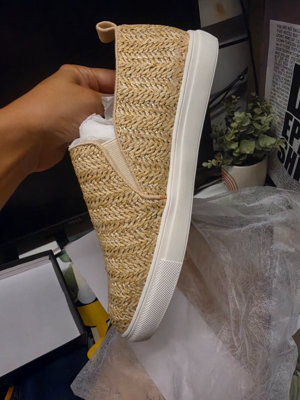 Nicole Miller Tonnille Beige Woven Raffia Slip On Sneakers Women's Slip Ons`